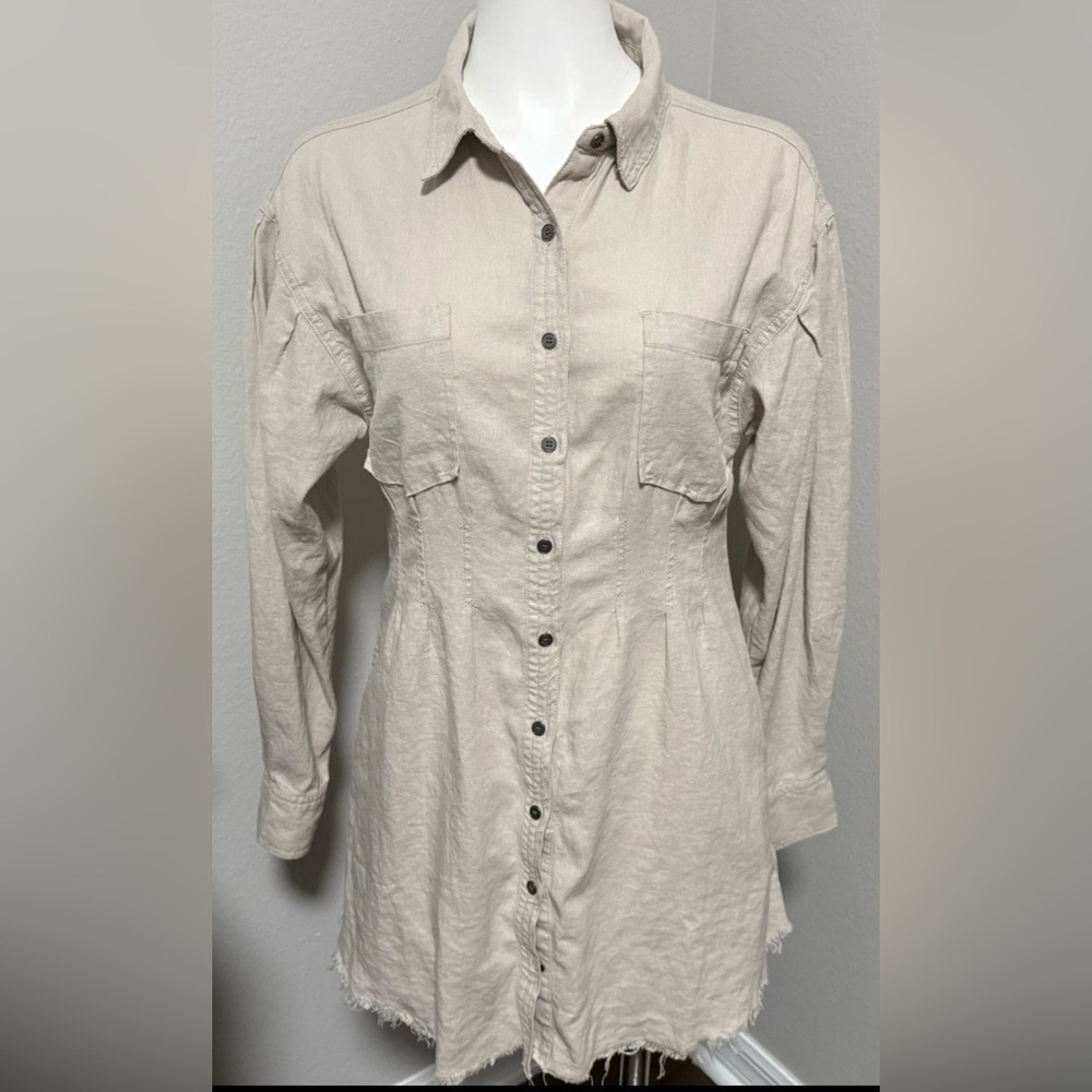Risen Los Angeles Linen Blend Button Up Shirt Dress Size S Beige Long Sleeves